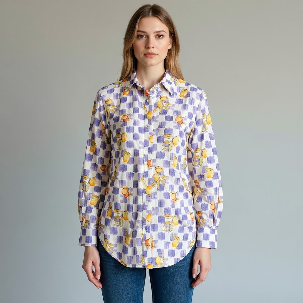 La Porte Lemon Blue Picnic Checkered Linen Blend Button Down Size S Fruit Print